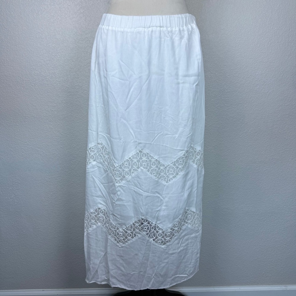 Tribal White Maxi Skirt Women's Elastic Waist Crochet Lace Blocking Trim Boho